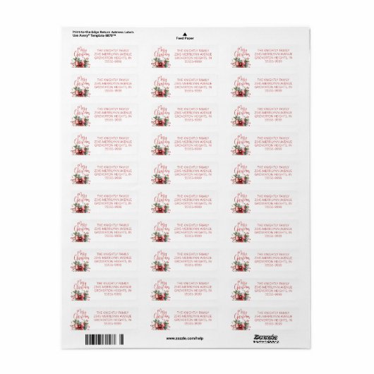 Modern Merry Christmas Script Red Bow Etiket (Full Sheet)