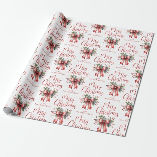Modern Merry Christmas Script Red Bow gepersonalis Cadeaupapier (Uitgerold)