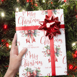 Modern Merry Christmas Script Red Bow gepersonalis Cadeaupapier<br><div class="desc">Voeg een speciaal tintje toe aan uw kerstcadeaus dit vakantieseizoen met gepersonaliseerd inpakpapier met een moderne, chique kalligrafie scripttypografie voor de begroeting MERRY CHRISTMAS geaccentueerd met een waterverf rode boog en hulst en jouw naam of andere aangepaste tekst. ASSISTENTIE: Voor hulp bij het aanpassen of personaliseren van het ontwerp of...</div>