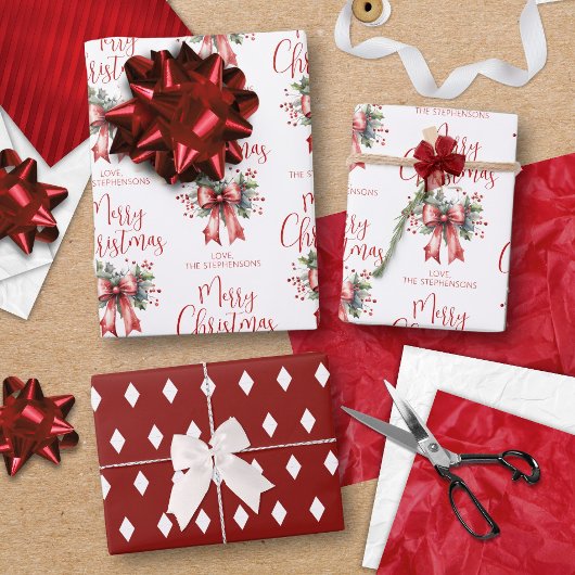 Modern Merry Christmas Script Red Bow gepersonalis Inpakpapier Vel