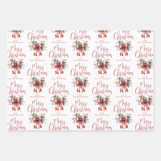 Modern Merry Christmas Script Red Bow gepersonalis Inpakpapier Vel (Voorkant)