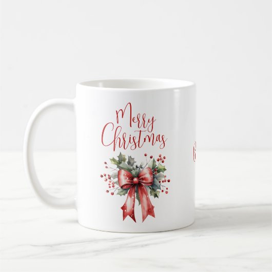 Modern Merry Christmas Script Red Bow gepersonalis Koffiemok (Links)