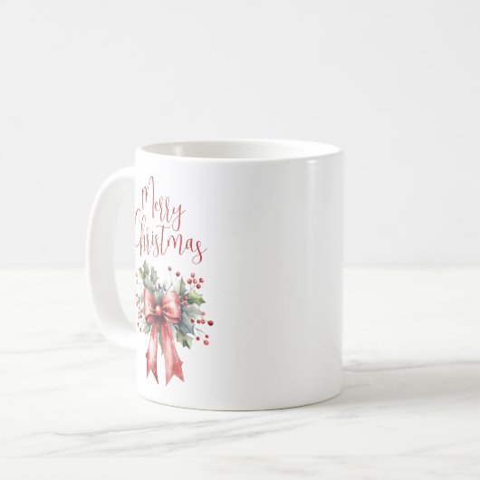 Modern Merry Christmas Script Red Bow Koffiemok (Voorkant links)