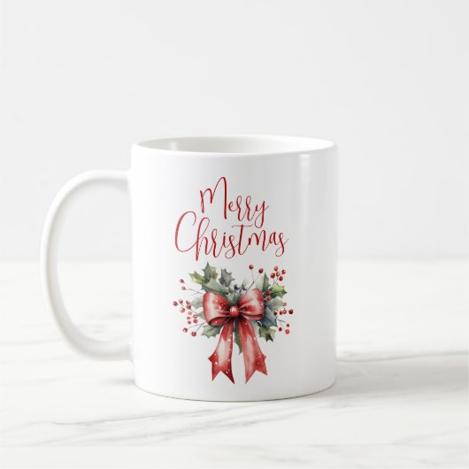 Modern Merry Christmas Script Red Bow Koffiemok (Links)