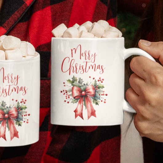 Modern Merry Christmas Script Red Bow Koffiemok