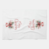 Modern Merry Christmas Script Red Bow Theedoek (Horizontaal)