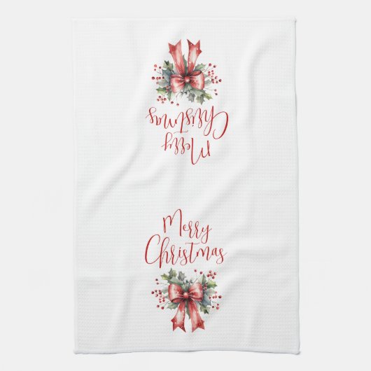 Modern Merry Christmas Script Red Bow Theedoek (Verticaal)