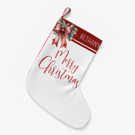 Modern Merry Christmas Script Rode boog naam Kleine Kerstsok (Voorkant (Hangend))