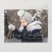 Modern Merry Christmas Script Sneeuw Flurry Foto Feestdagenkaart (Voorkant)