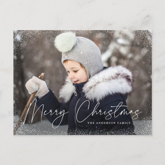 Modern Merry Christmas Script Sneeuw Flurry Foto Feestdagenkaart (Voorkant)