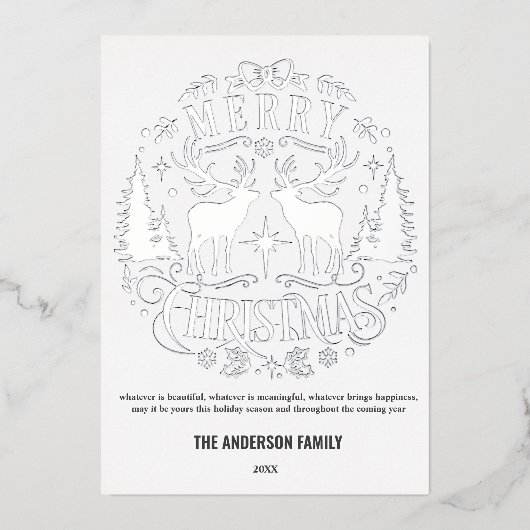 Modern Merry Christmas Silver Rendier Folie Kaart (Voorkant)