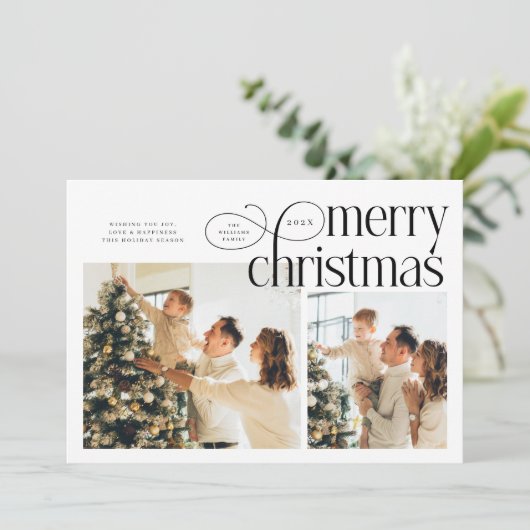 Modern Merry Christmas simple 2 photos family  Feestdagenkaart (Staand voorkant)