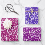 Modern MERRY CHRISTMAS Snowflake Paars Pink Inpakpapier Vel<br><div class="desc">Moderne cadeaubonnen met witte of rustige typografie van een MERRY CHRISTMAS-groet- en sneeuwvlokpatronen op een trio heldere kleuren van paars en roze.</div>