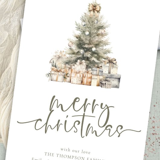 Modern Merry Christmas Tree Sage Script Feestdagenkaart