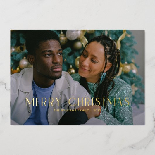 Modern Merry Christmas Trendy één fotofamilie Folie Feestdagenkaart (Voorkant)