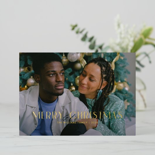 Modern Merry Christmas Trendy één fotofamilie Folie Feestdagenkaart (Staand Voorkant)