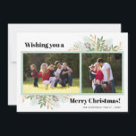 Modern Merry Christmas Winter Groen 3 Foto Feestdagenkaart<br><div class="desc">Dit moderne kerst platte wenskaart biedt twee fotolijsten op de voorkant met de gewaagde tekst "Wishing you a Merry Christmas." De achterkant biedt een vervaagde foto met aangepaste tekst voor een persoonlijk bericht en uw familienamen. Fotografie © Storytree Studios,  Stanford,  CA</div>