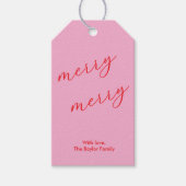 Modern Merry Elegant Script Feestelijk Roze & Rood Cadeaulabel (Voorkant)