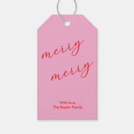 Modern Merry Elegant Script Feestelijk Roze & Rood Cadeaulabel
