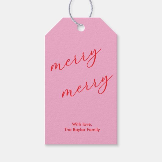 Modern Merry Elegant Script Feestelijk Roze & Rood Cadeaulabel (Voorkant)