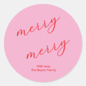 Modern Merry Elegant Script Feestelijk Roze & Rood Ronde Sticker (Voorkant)