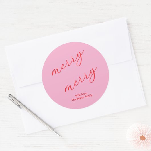 Modern Merry Elegant Script Feestelijk Roze & Rood Ronde Sticker (Envelop)