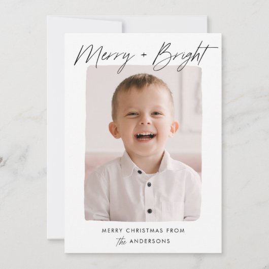 Modern Merry en Bright Black Script Foto Feestdagenkaart (Voorkant)
