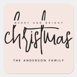 Modern Merry en Bright Christmas eenvoudig script Vierkante Sticker