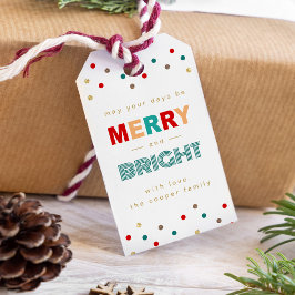 Modern Merry en Bright Confetti Stippen Kerstmis Cadeaulabel