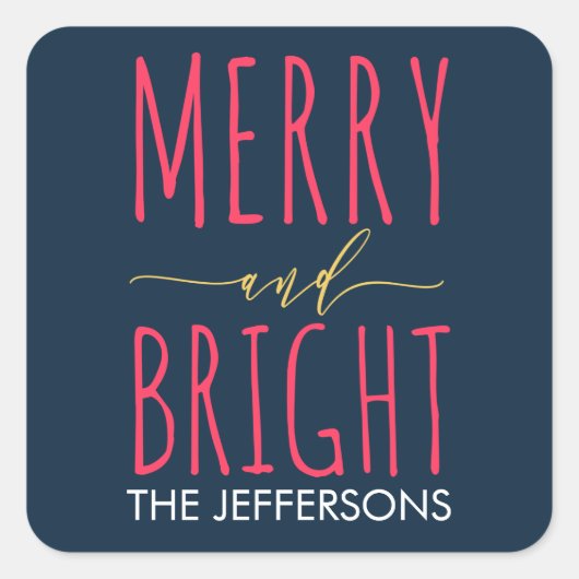 Modern Merry en Bright Navy Blue personaliseren Vierkante Sticker (Voorkant)