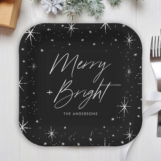 Modern Merry en Bright Script Black Holiday Papieren Bordje