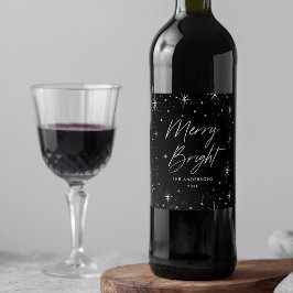 Modern Merry en Bright Script Black Holiday Wijn Etiket
