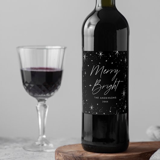 Modern Merry en Bright Script Black Holiday Wijn Etiket