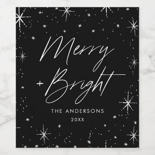 Modern Merry en Bright Script Black Holiday Wijn Etiket (Enkel label)