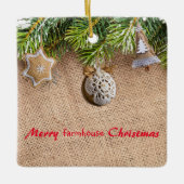 Modern Merry Farmhouse Kerstmis Rustic Burlap Keramisch Ornament (Voorkant)