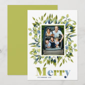 Modern Merry Green Blue Leaves Foto Feestdagenkaart (Voorkant / Achterkant)