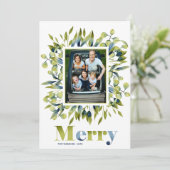 Modern Merry Green Blue Leaves Foto Feestdagenkaart (Staand voorkant)
