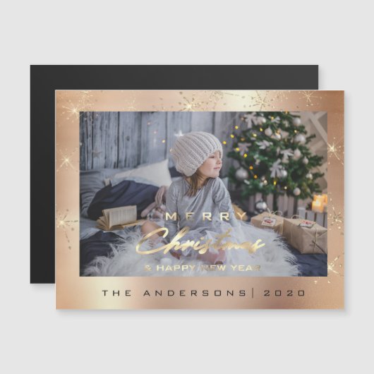 Modern Merry Holiday Foto Gold Spark Roos Sparkly Magnetische Uitnodiging (Voorkant / Achterkant)