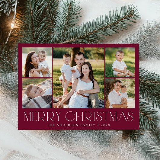 Modern Merry kerst Burgundy Foto Collage Feestdagenkaart
