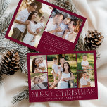 Modern Merry kerst Burgundy Foto Collage Feestdagenkaart<br><div class="desc">Vier het seizoen met de Modern Elegant Merry Christmas Bourgondië Photo Collage Holiday Kaart. Dit stijlvolle ontwerp is voorzien van een collage van 5 foto's aan de voorkant, met 4 vierkante foto's rond een groter afbeelding in het midden. "Merry Christmas" is prachtig weergegeven in trendy witte letters op een bordeauxrode...</div>