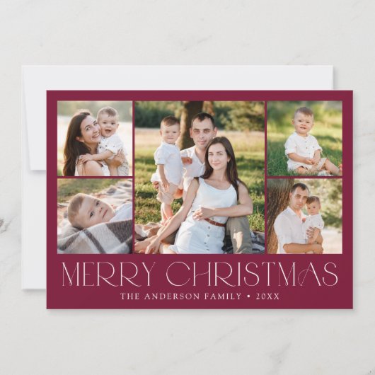 Modern Merry kerst Burgundy Foto Collage Feestdagenkaart (Voorkant)