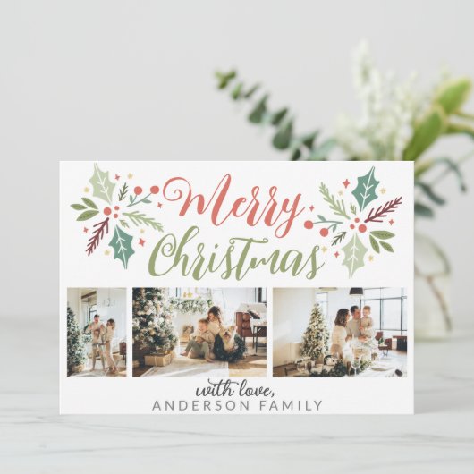 Modern Merry kerstary Foliage Photo Collage Feestdagenkaart (Staand voorkant)