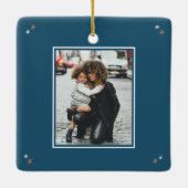 Modern Merry kerstbomen Stars Foto Blue Keramisch Ornament (Achterkant)