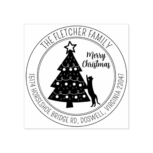 Modern Merry Kerstboom Kat Retouradres Rubberstempel (Afrduk)