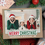 Modern Merry kerstfamilie Foto Kraft Briefkaart<br><div class="desc">Modern Merry Christmas Family Foto Groen en Rood Vakantie Kraft Briefkaart</div>