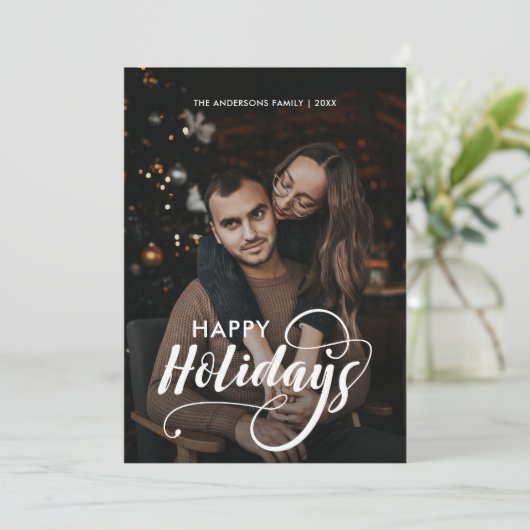 Modern Merry Kerstfamilie Foto naam Tartan Feestdagenkaart (Staand voorkant)