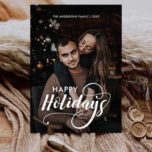 Modern Merry Kerstfamilie Foto naam Tartan Feestdagenkaart