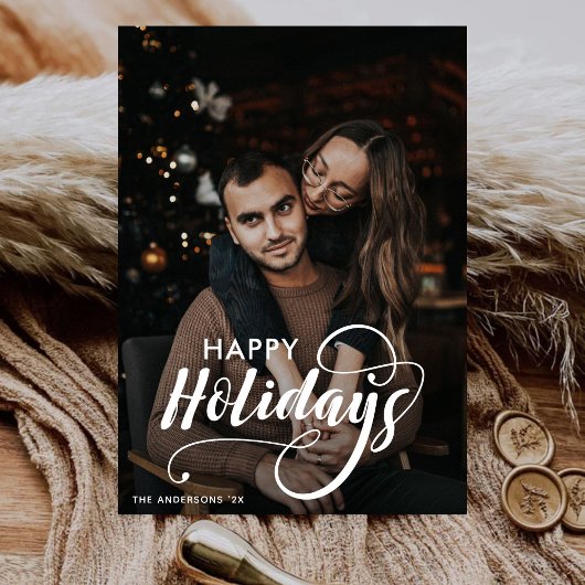 Modern Merry Kerstfamilie Foto naam Tartan Feestdagenkaart