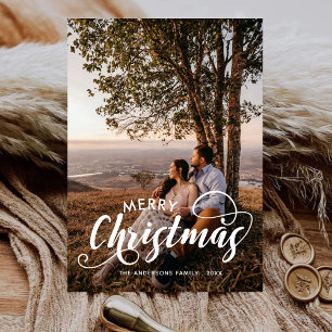 Modern Merry Kerstfamilie Foto naam Tartan Feestdagenkaart