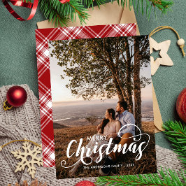 Modern Merry Kerstfamilie Foto naam Tartan Feestdagenkaart